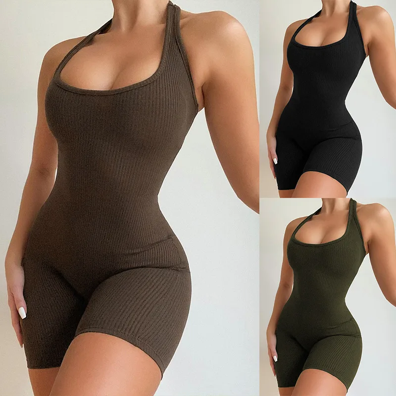 

2021 new casual suit women's solid color sexy open back short sport Jumpsuit Free shipping