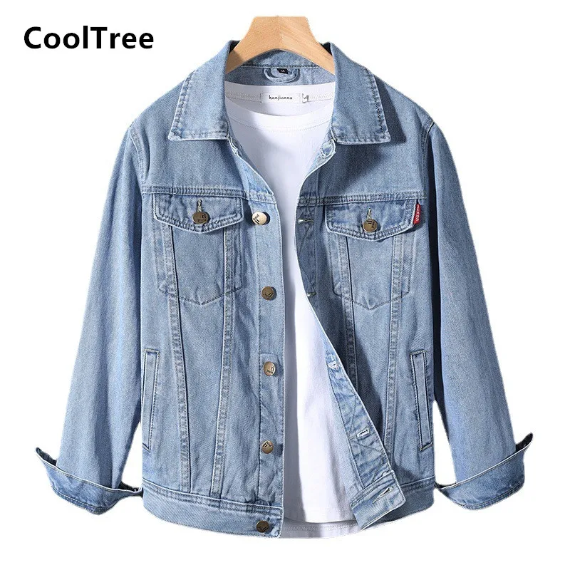 

Мужская джинсовая куртка CoolTree, повседневная однотонная однобортная джинсовая куртка с отложным воротником, приталенная верхняя одежда, ве...
