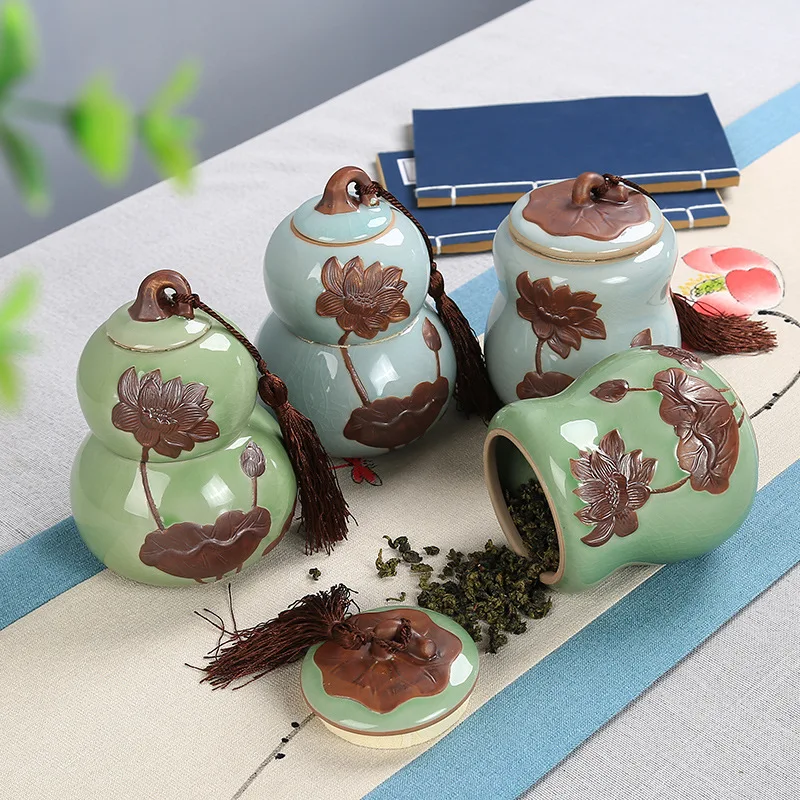

Керамика Чай горшок Ge печи для обжига Gourd колено герметичный бак для хранения рельеф лотоса двойной-Слои Чай горшок пищевой контейнер кухон...
