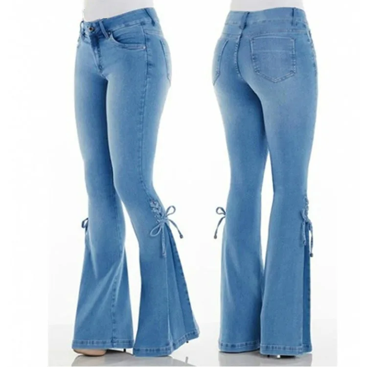 

Women's Flared Jeans Winter Warm Mid-waist Pants Women's Wide-leg Pants Tight-fitting Bow-knot Decoration Flared Pants Plus Size