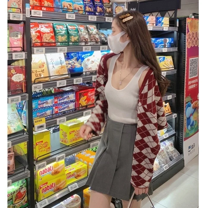 

Женский свитер в винную полоску, свитер в клетку с бриллиантами, осень 2021, новый дизайн, уличный топ в западном стиле