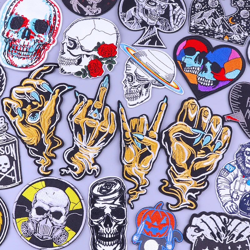 

Skull Rock Gesture Iron On Patches For Clothing Thermoadhesive Patches Stripes Punk Patch On Clothes DIY Hippie Clothes Stickers