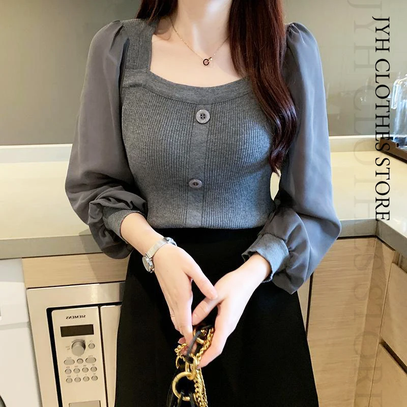 

Chic Square Collar Hollow Out Clavicle T-Shirt Slim Fit Pleated Puff Sleeve Solid Top Autumn Spring Knit Tight Knitted Pullover