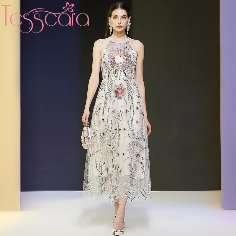 Женское модельное дизайнерское платье TESSCARA роскошное Сетчатое с вышивкой