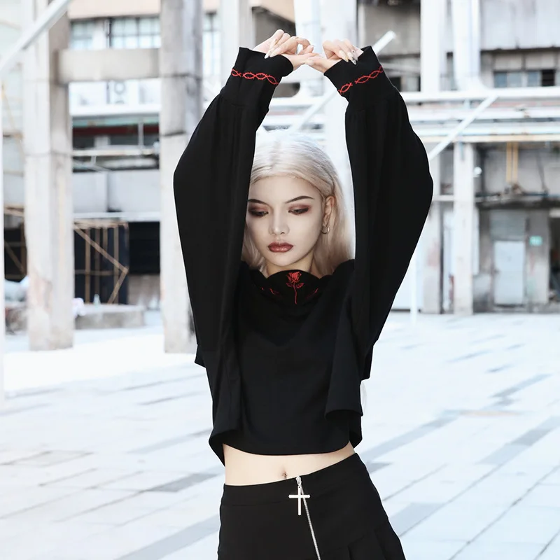 

2020 New Retro Goth Print Gothic Fashion Sweatshirt Women Harajuku Vintage Punk Autumn Loose Sweatshirts Embroidery Crop Chic