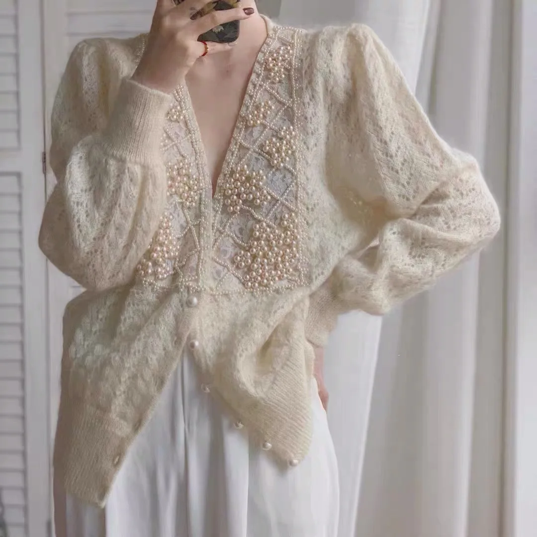 

Women V-Neck Pearls Knitted Flowers Crocheted Sweater Coat Loose Beaded Cardigan Long Lantern Sleeve Single-breasted Tops
