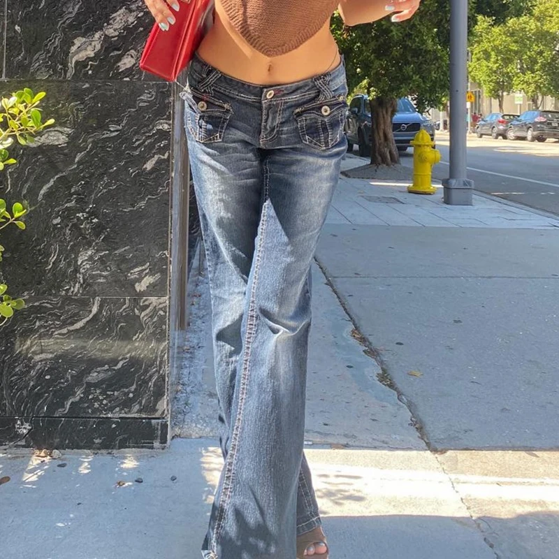 

Hot Mom Denim Jeans Grunge Harajuku Vintage Low Waisted Pockets Skinny Flare Pants 2000s Retro Cargo Trousers