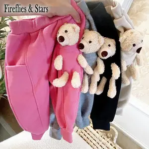 Осенне-зимние штаны для девочек, детские брюки, детские штаны, уличная одежда, новинка, Теплый Бархатный Съемный материал с кукольным медведем для детей от 2 до 7 лет