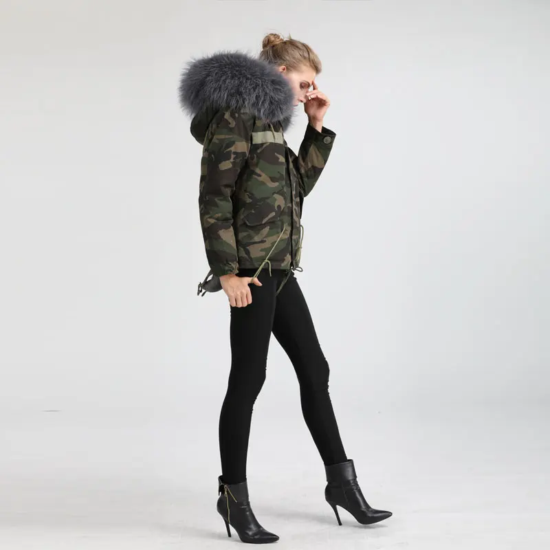 Женская камуфляжная куртка из натурального меха кролика с мехом енота | одежда