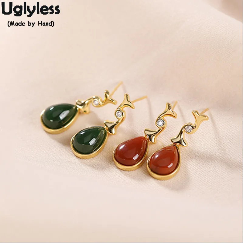 

Uglyless Creative Twisted Leaf Earrings for Women Waterdrop Agate Jade Brincos Gold Plated 925 Silver Brincos Fine Jewelry E1751
