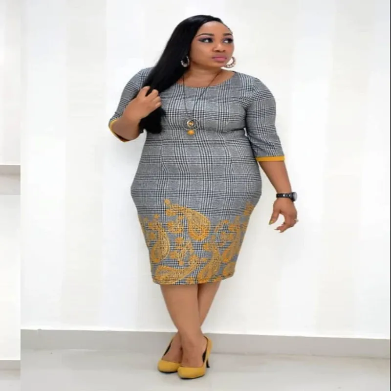 Женское платье карандаш в полоску с круглым вырезом и рукавом до локтя|Женские