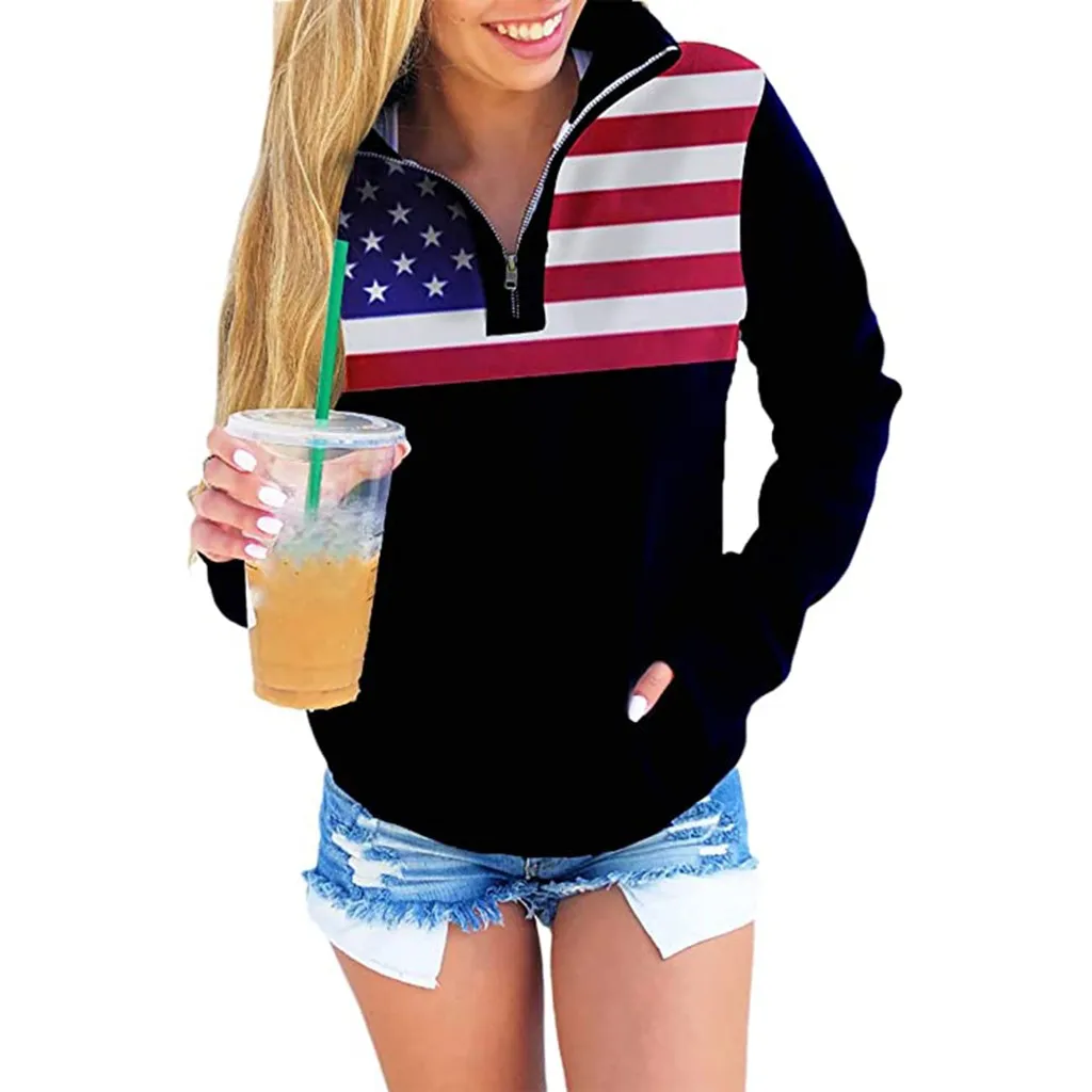 

FREE OSTRICH Zipper Sweatshirts For Women Flag Print Sweatshirts Top Casual Female Long Sleeve Pullvoer Tops With Pockets