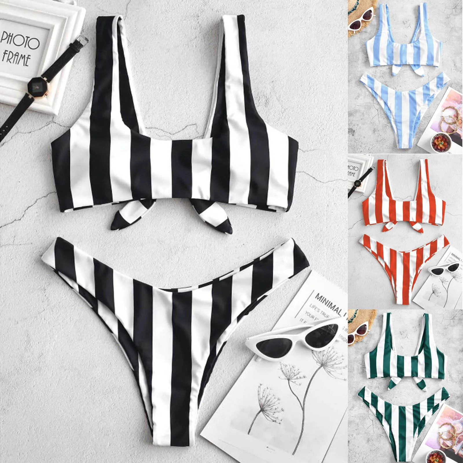

Women's Swimming Suit 2021 Sexy Bikini Swimsuit Swimwear Womens Striped Print Bikini Set Bandage Tankini Beach Bathing Suit