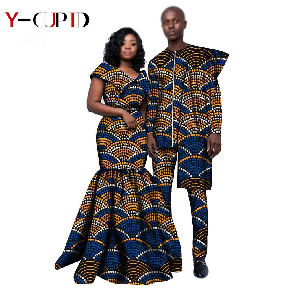 African Clothes for Couples Women Ankara Long Mermaid Dresses Lover Clothes Bazin Riche Men Unquie Shirt and Pants Sets YS20C005