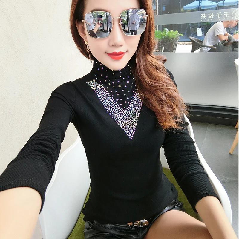 Европейские бриллианты водолазка пуловер женская футболка новинка 2019 Осень зима