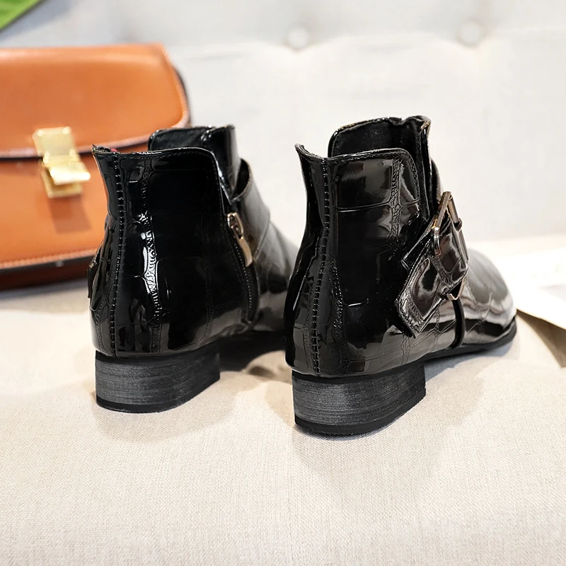 

Buckle Zipper Women Boots New Pointed Toe Sexy Ankle Boots for Women Shoes Woman Black Leather Boots Block Mid Heels Botas Mujer