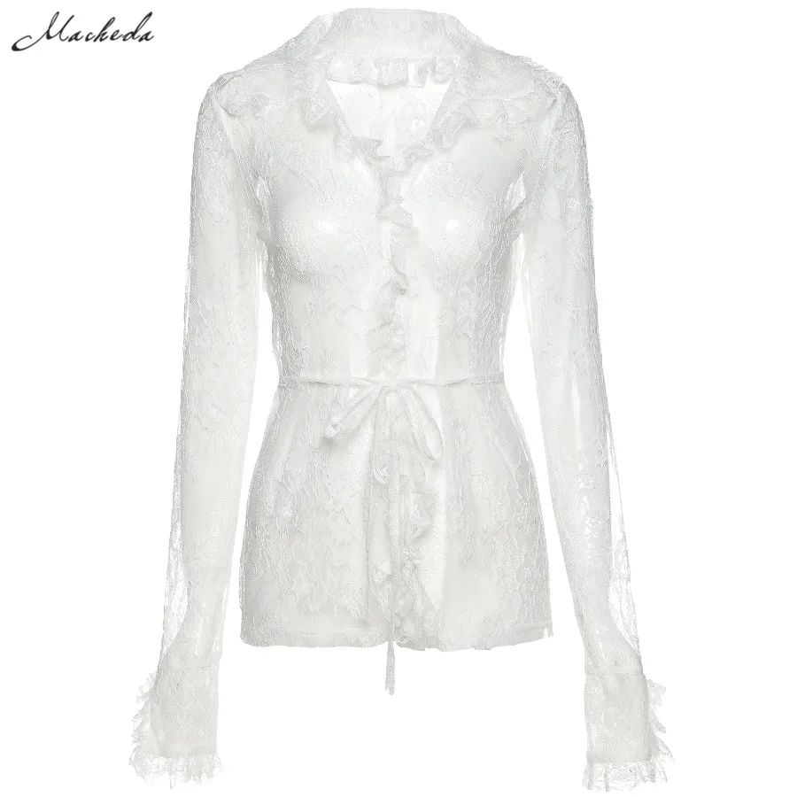 

Macheda Autumn Sexy See Through Fashion Casual Slim Top Women White Lace Long Sleeve V Neck Clothing Lady T Shirt Solid New