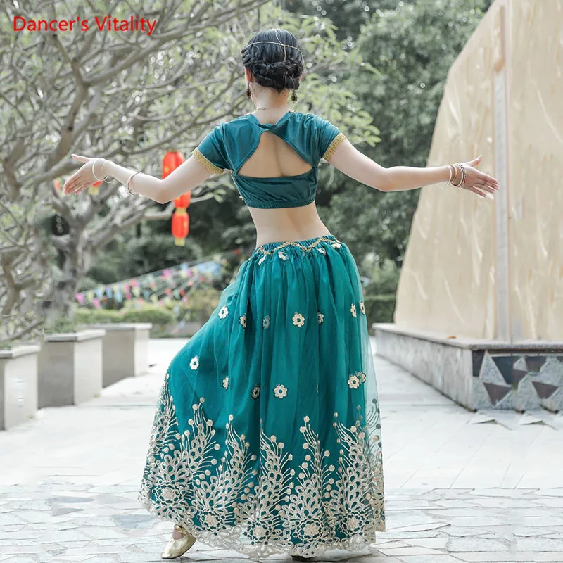 Костюм для восточного танца: топ с коротким рукавом, широкие брюки из фатина, шикарная рубашка и брюки для женщин в индийском стиле.