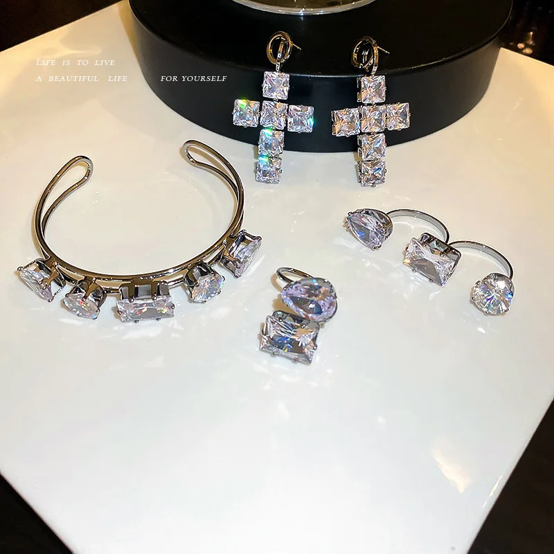 

New trendy fashion personality cross earrings rectangular water drop one-piece open ring bracelet set fashion party jewelry