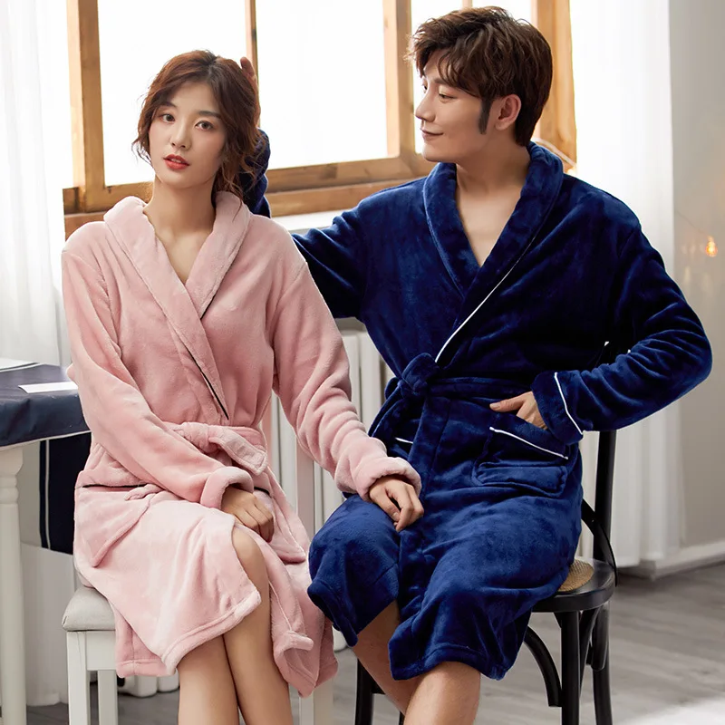 Autumn and Winter Thickened Coral Velvet Couple's Nightgown Bathrobe Home Wear Flannel European and American Solid Color Simple