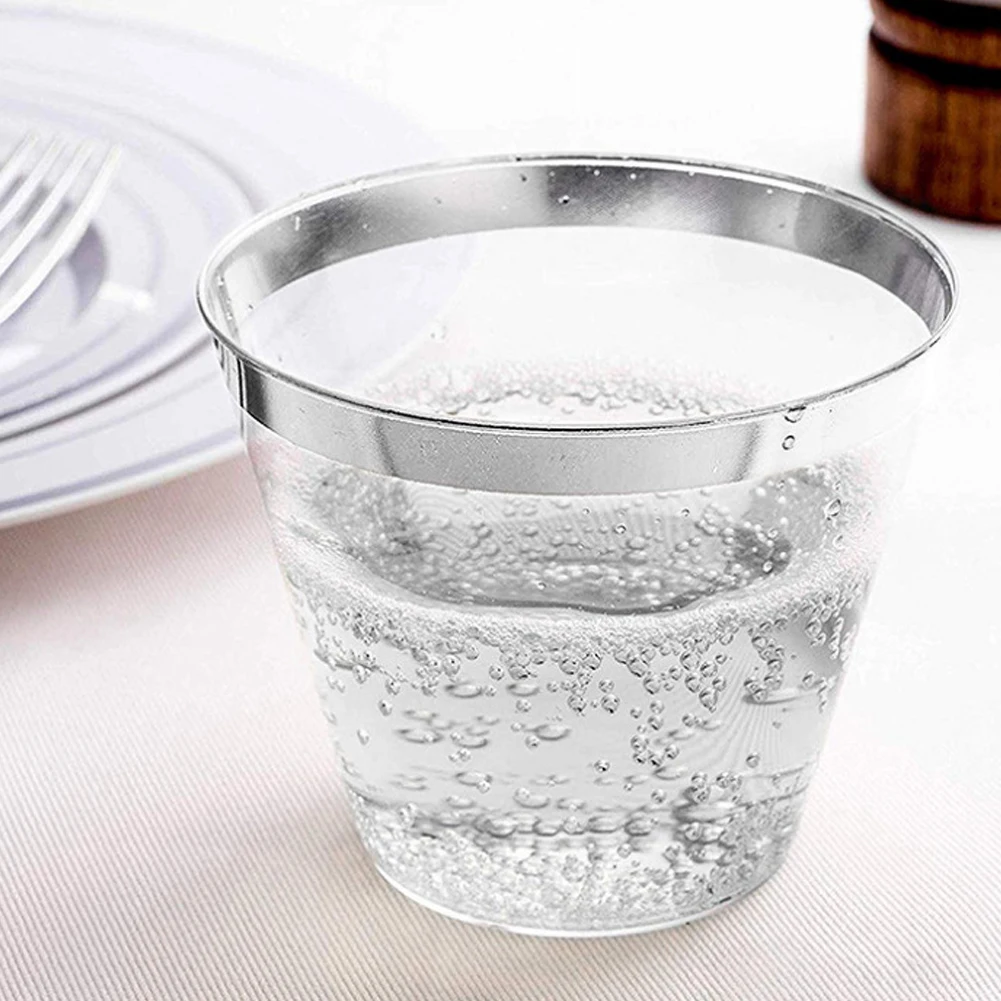 

Luxury Style Disposable Gold Dinnerware Set for Party or Wedding 10 Guest Gold Rim Plastic Plates Gold Rim Plastic Cups