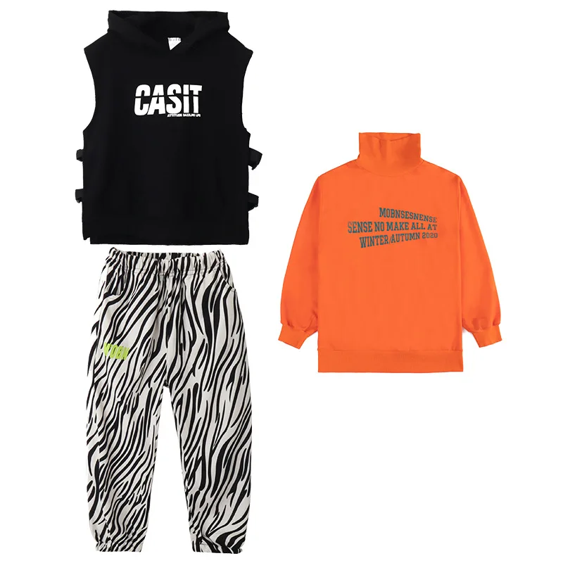 

Kid Hip Hop Clothing Turtleneck Sweatshirt Top Sleeveless Jacket Zebra Print Streetwear Pants for Boys Girls Jazz Dance Costume