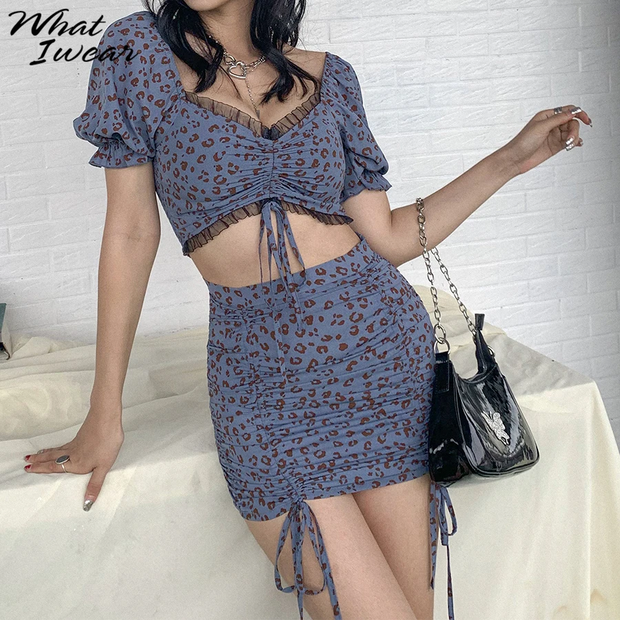 Женский леопардовый комплект с юбкой облегающий топ v-образным вырезом и