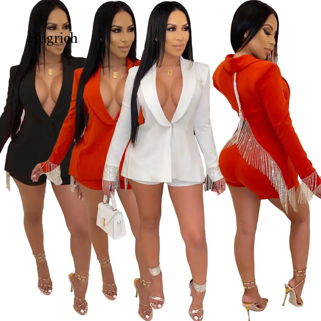 

Кисточкой зубчатый Блейзер топы и шорты костюм из 2 предметов с длинными рукавами, с отложным воротником, пальто, топ и шорты Для женщин Бизн...