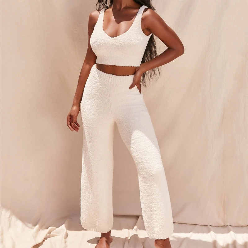 

Women Sexy 2 Piece Fuzzy Plush Outfits Sleeveless V-Neck Backless Crop Top Long Pants Winter Warm Sweater Solid Color Sleepwear