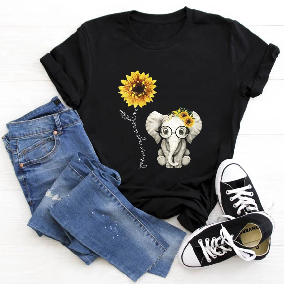 

Women Summer Ladies Tee Shirt Elephant Sunflower T-Shirt Aesthetic Graphic Harajuku Female T-shirts Girls Ulzzang Tshirt