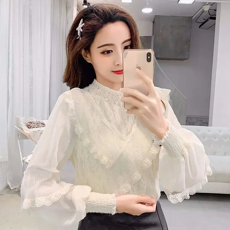 Женская кружевная шифоновая рубашка милая блузка с длинными рукавами фонариками