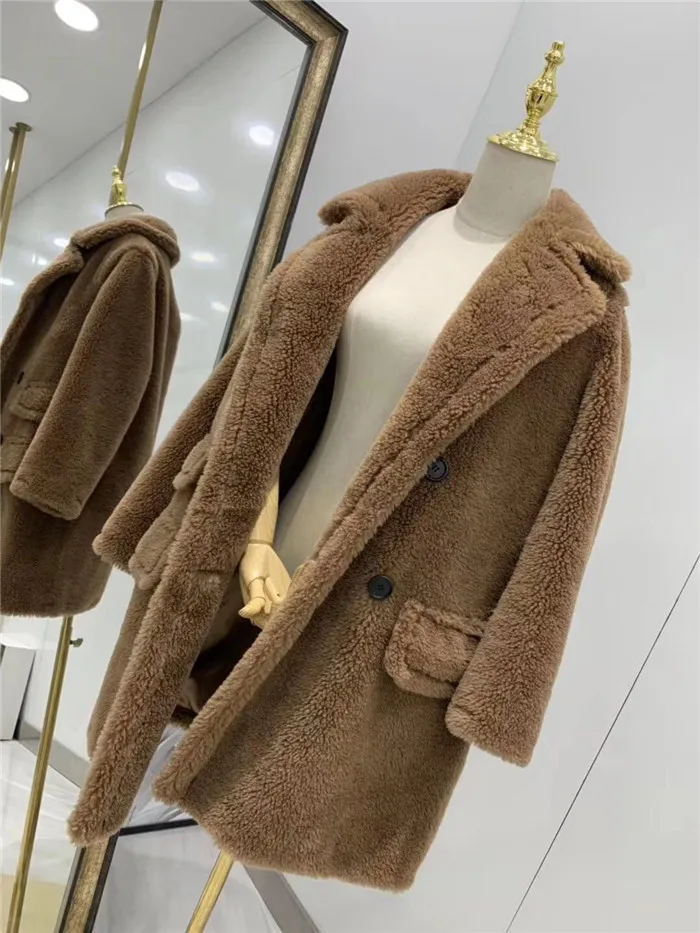 Зима, новая мода, Женское пальто с мишкой Тедди, Натуральная шерсть, овечий мех, длинное пальто, куртка, Толстая теплая