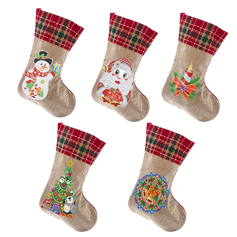 

5PCS DIY Diamond Painting Christmas boots Gift Bag 5D Diamond Embroidery Linen Christmas Stocking Candy Bag