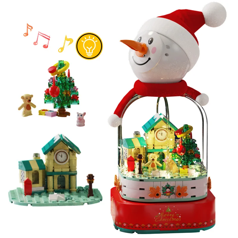 

City LED Christmas Theme Snowman Tree House Building Blocks Friends Rotating Shining Music Box Figures Bricks Toys For Kids Gift