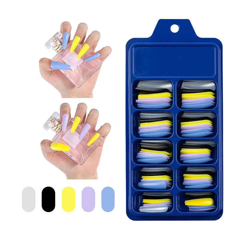 100 Pcs Blue box Full Cover Wear Long Ballet Fake Nails Patch Waterproof Soft Solid Color Coffin T Type Removable Nail Art