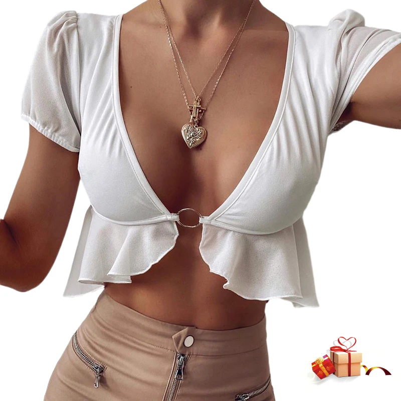 

Brallette Top Shoulder Sexy Crop Summer Fashion Short Bustier Ropa Para Mujer Topy Damskie 2021 Ladies Clothes v Neck Milkmaid