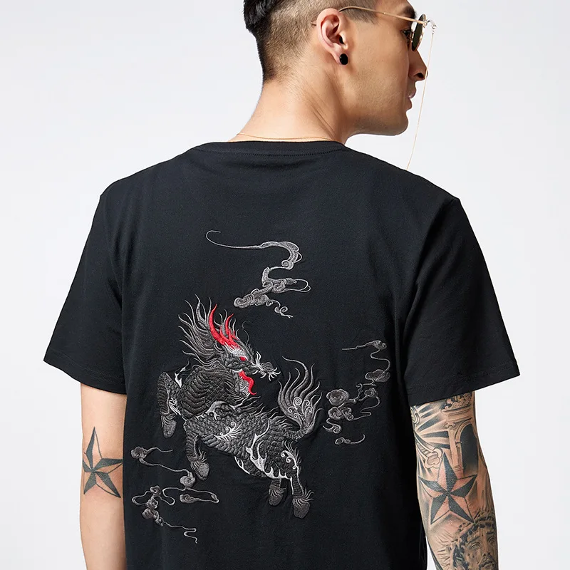 

Summer New National Tide Chinese Style Unicorn Embroidery Loose Fat Guy Pure Cotton Short-sleeved T-shirt Men
