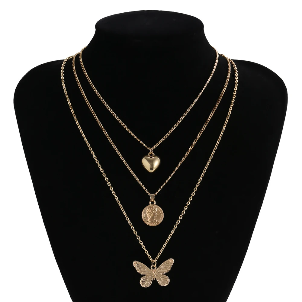 Женская цепочка с подвеской-бабочкой золотистая в форме сердца несколько