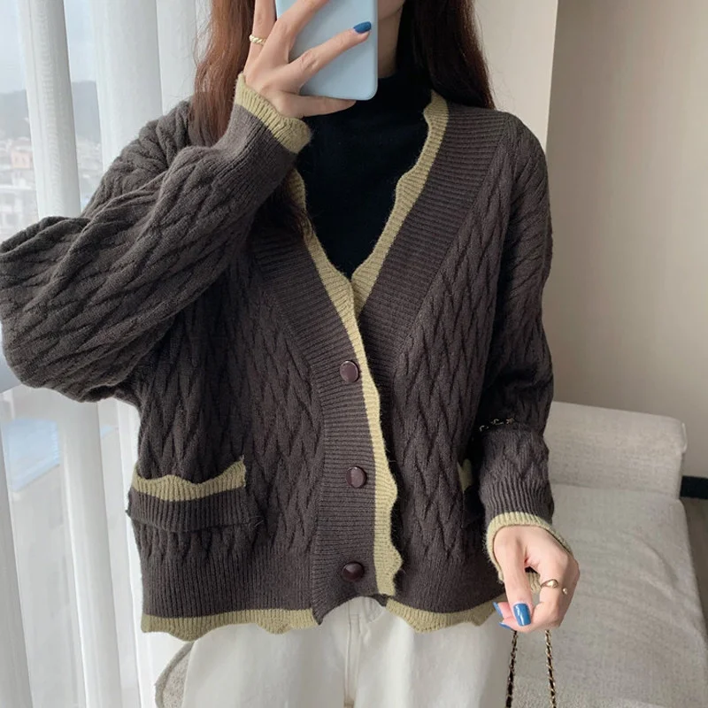 Осенне-зимний новый корейский вязаный кардиган с v-образным вырезом контрастного