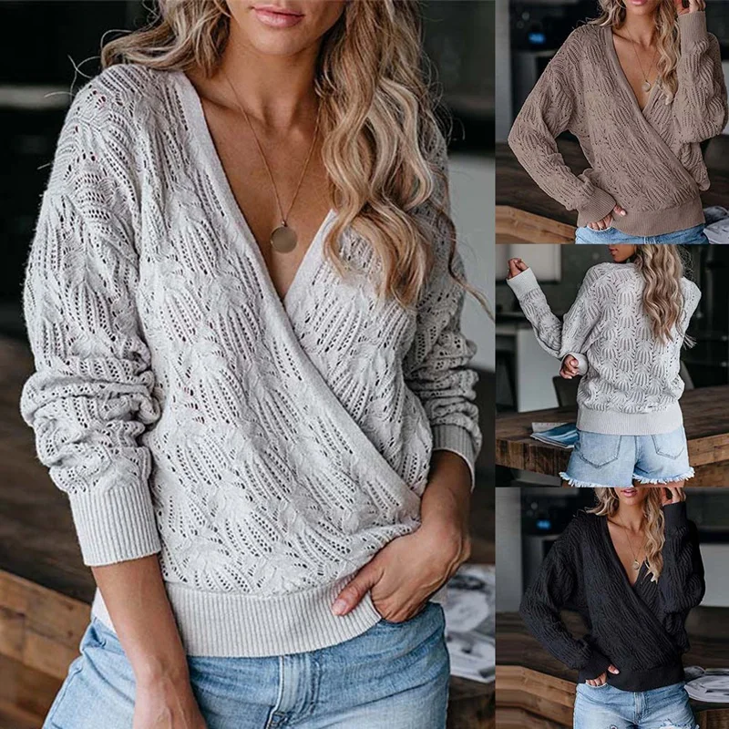 

Women's Fashion Knitted Solid Color Long Sleeve Hollow Top Fashion Fall Winter Sweater