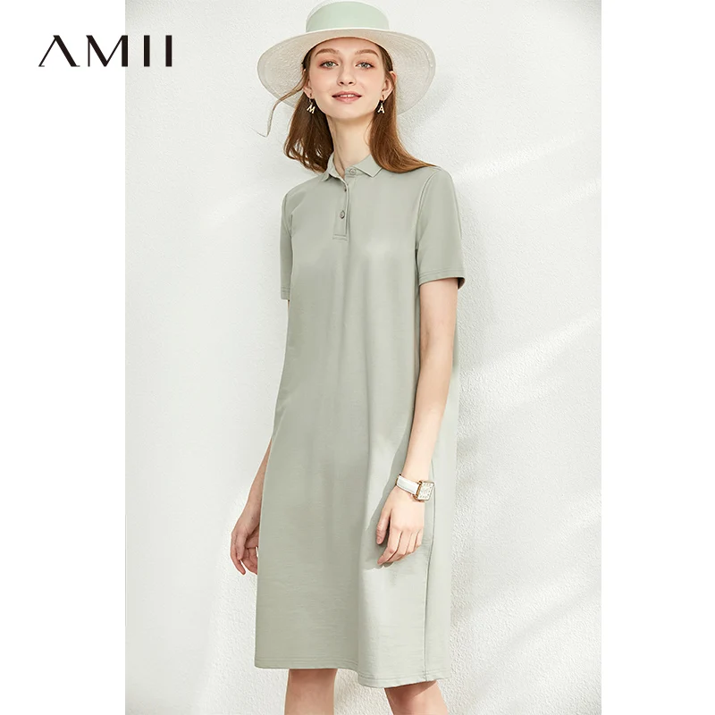 Женское платье поло AMII Minimalism однотонное свободное до колена с короткими рукавами
