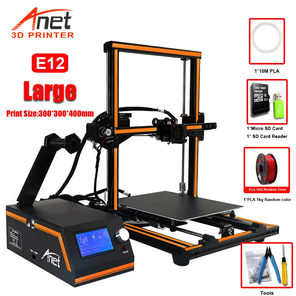 E12 With 1Kg PLA Обновленный Anet E10 E12 E16 настольный 3d принтер с ЖК-дисплеем 12864 офлайн печать Низкий уровень шума 3D DIY Набор принтер большой размер печати - Цвет: E12 With 1Kg PLA