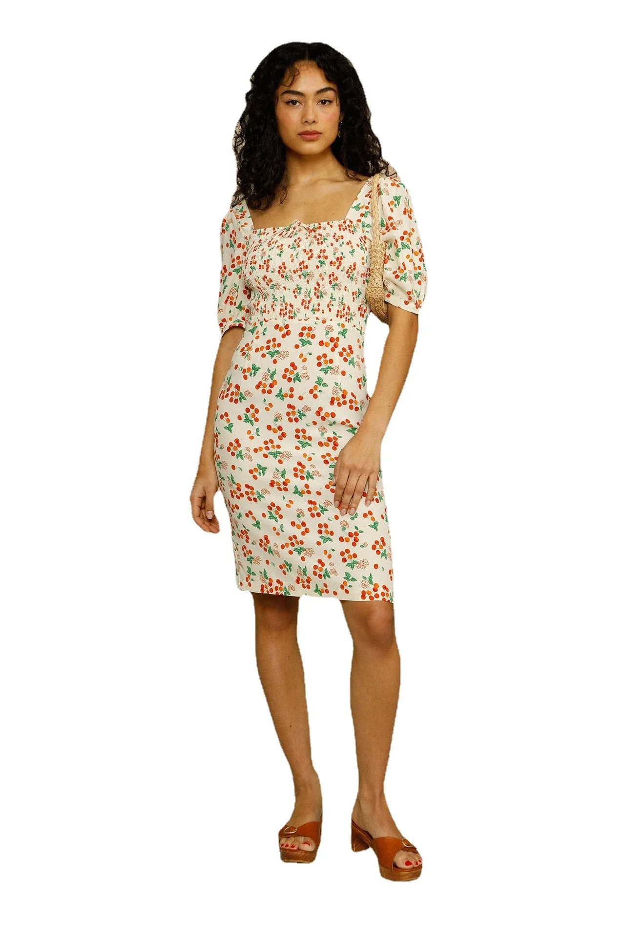 

Women Dress 2021 Summer Vintage-style Cherry Print Dress MIDI Skirt with Open Neck and Backless Neck