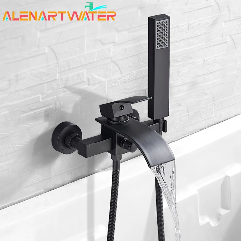 Black Waterfall Bathtub Faucet Wall Mount Waterfall Tub Spout Hot Cold Water With ABS Handshower Mixer Tap Bath Shower Faucet