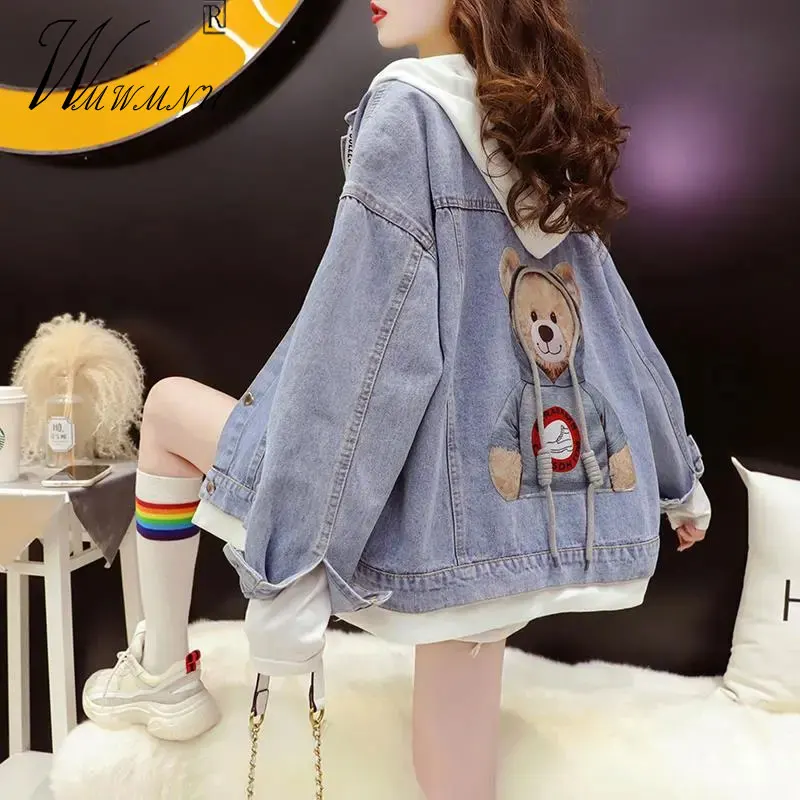 

Harajuku Cute Teddy Hooded Jackets Women 2021 Spring Casual Loose Denim Jackets Student Sweet Button Pocket White Pink Hat Coats