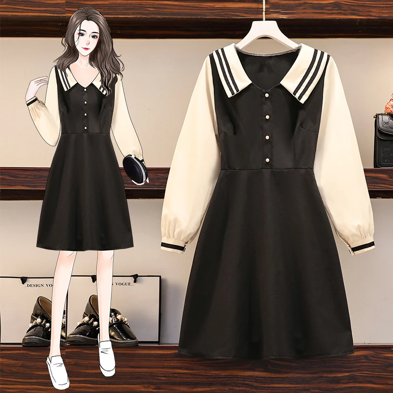 

4XL Plus Size Women Korean Casual Dress Spring 2021 Striped Peter Pan Collar Long Sleeve Patchwork Loose Ladies A-Line Dresses