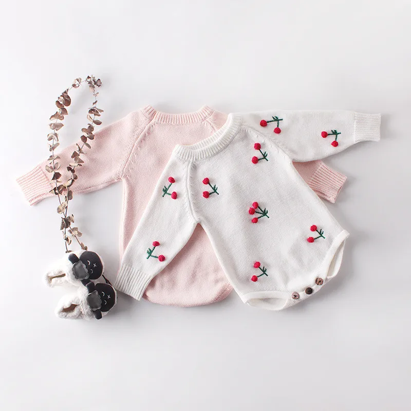 Baby Girls Knit Romper Autumn Long Sleeve 3D Cherry Soft Wool Jumpsuit Newborn Rompers Cotton Infant Toddler Clothes Costume | Детская