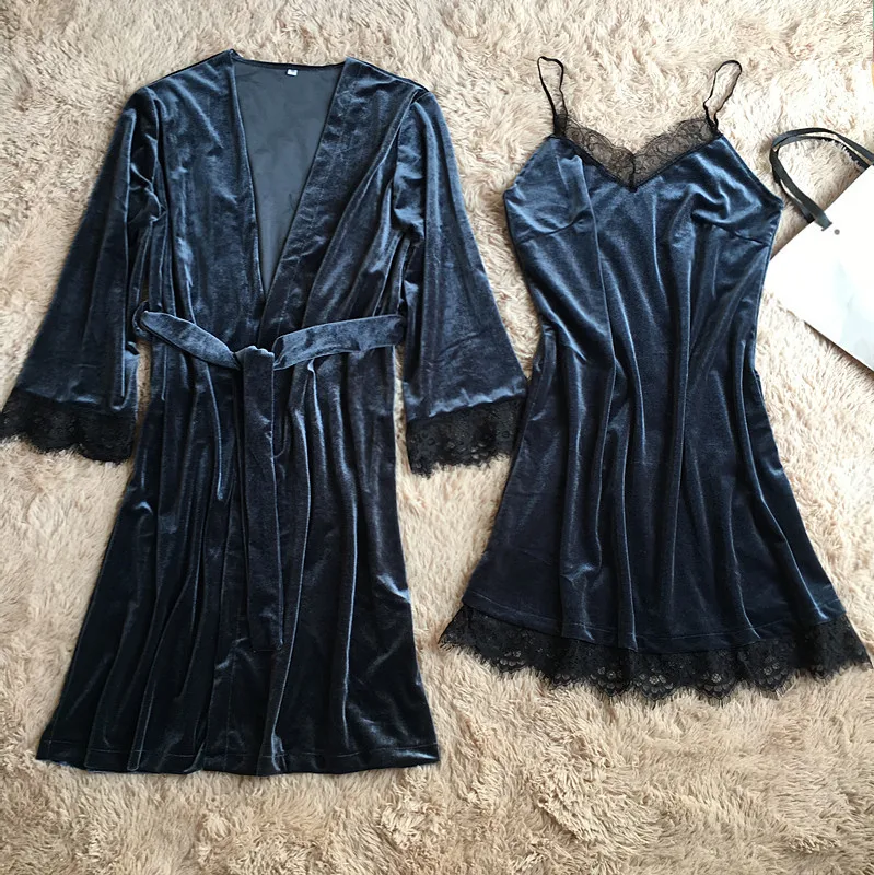 

Sexy pajamas women's long-sleeved lace home service casual pajamas autumn winter warm solid 2 PCS pajamas