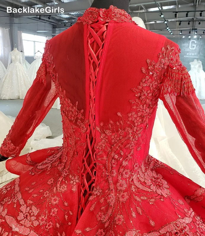 Red Special Dubai Puffy Party Dresses High Neck Long Tulle Sleeve Lace Up Back Wedding Can Make For Muslim | Свадьбы и торжества