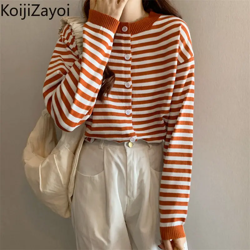

Koijizayoi Spring Autumn Long Sleeves O Neck Sweaters Cardigan Casual Women Patchwork Striped Knitted Cardigans Korean All-match